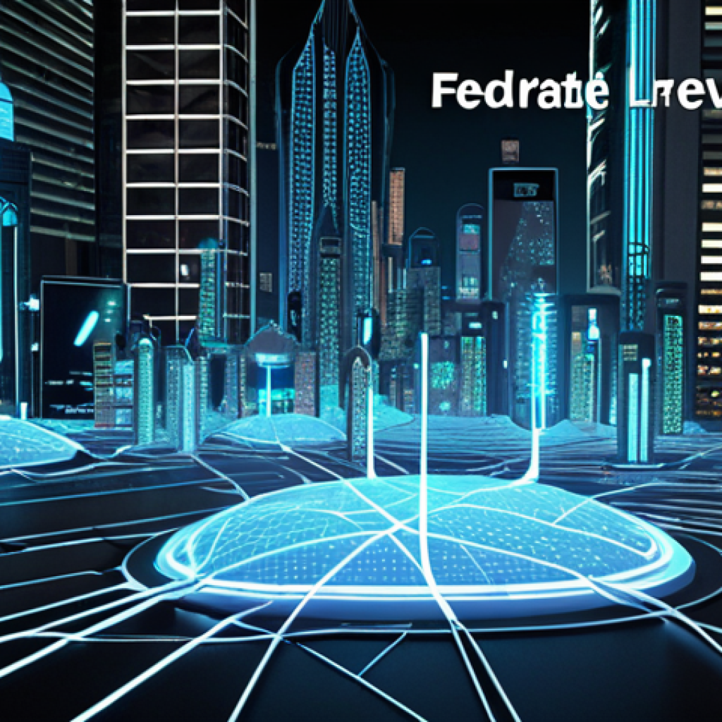 **Image:** A futuristic cityscape with glowing networks connecting various devices (phones, laptops, sensors) to a central server. The devices are semi-transparent, showing data flowing within them, but not leaving the device itself. Overlay text reads: "Federated Learning: Data Privacy Revolution."