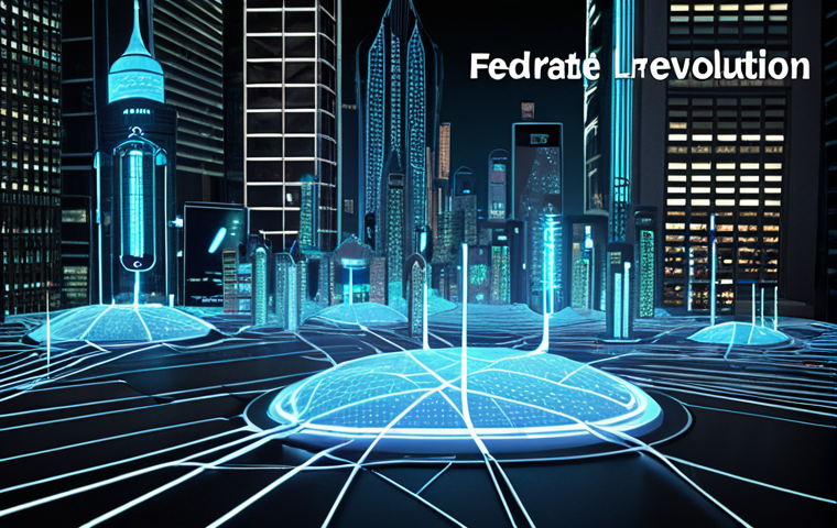 **Image:** A futuristic cityscape with glowing networks connecting various devices (phones, laptops, sensors) to a central server. The devices are semi-transparent, showing data flowing within them, but not leaving the device itself. Overlay text reads: "Federated Learning: Data Privacy Revolution."