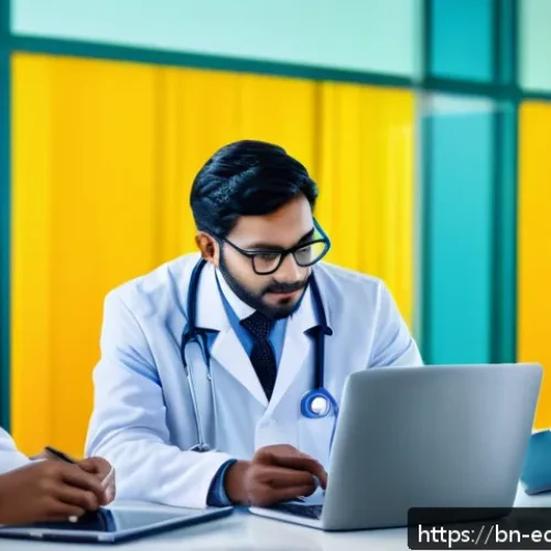 연합학습의 개념 및 적용 분야 분석 - A futuristic digital illustration of federated learning in healthcare, showing a diverse group of Be...