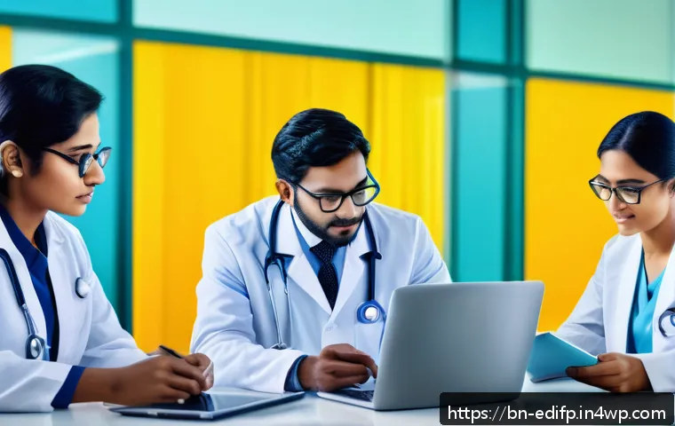 연합학습의 개념 및 적용 분야 분석 - A futuristic digital illustration of federated learning in healthcare, showing a diverse group of Be...