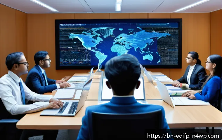 연합학습의 글로벌 협력 방안 - A professional international conference room scene showing diverse researchers from Bangladesh and o...